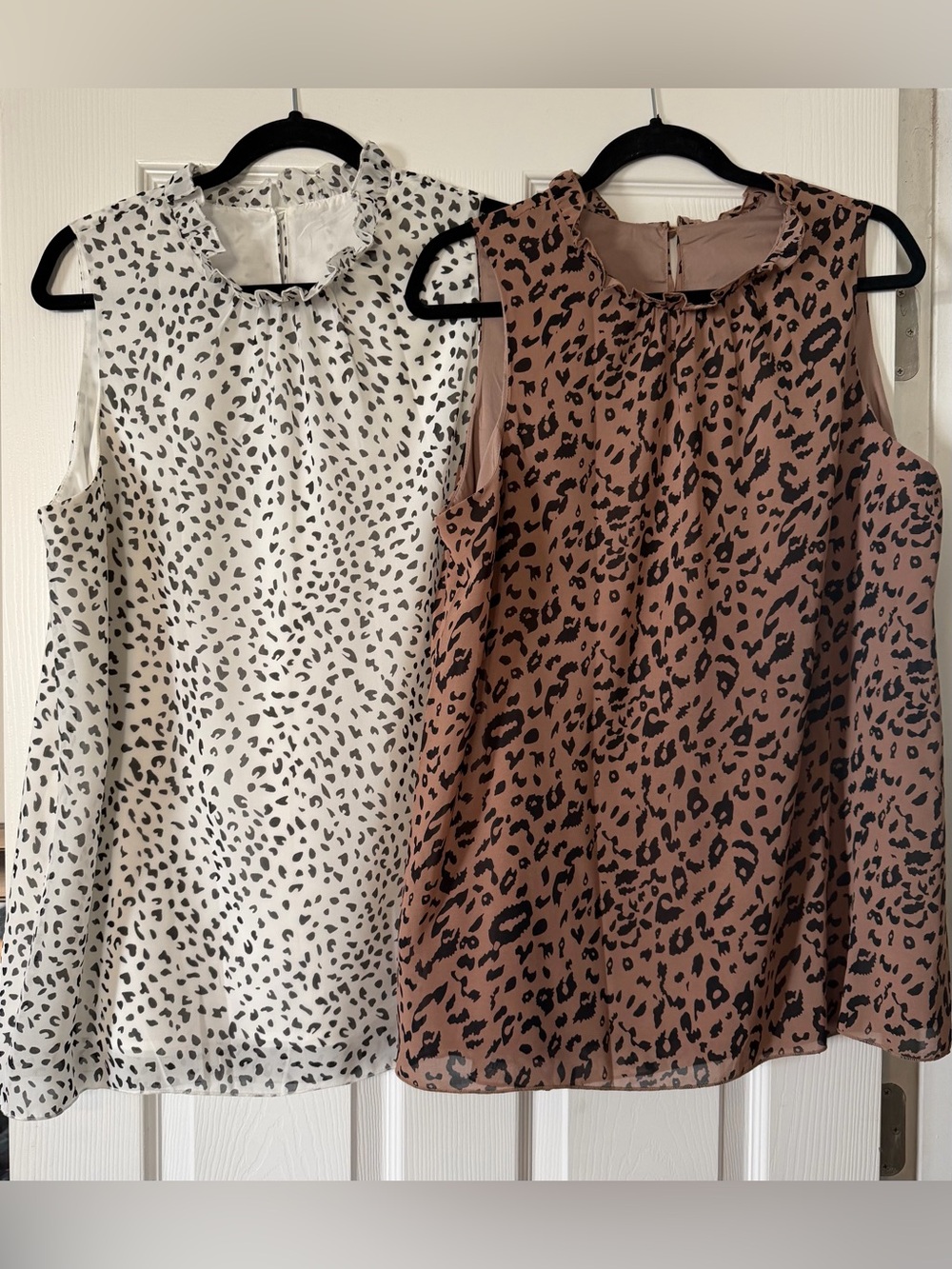 Sleeveless Ruffle Neck Leopard Print Top - White and Brown